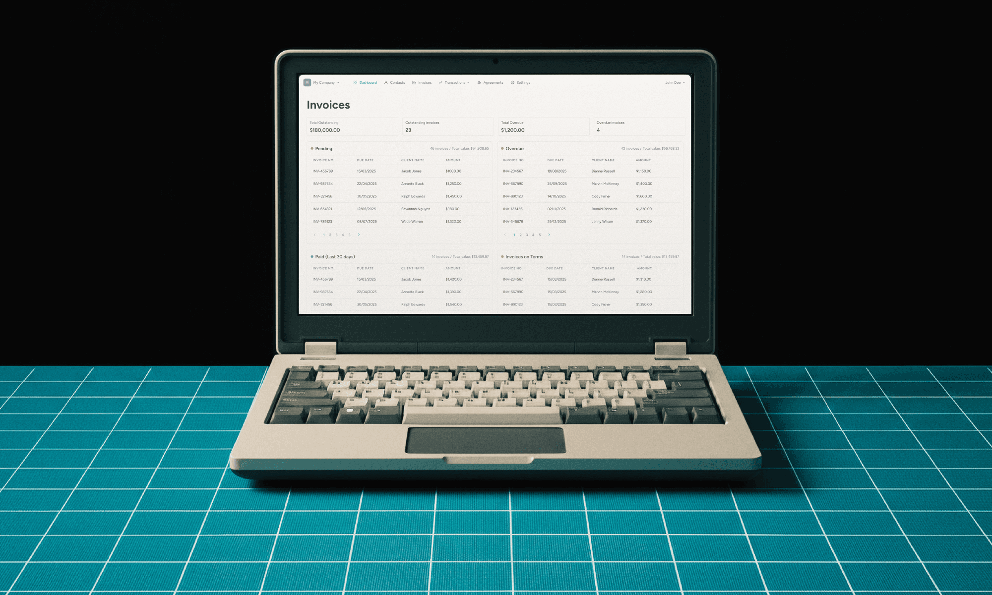 Sawfish invoices dashboard on a retro laptop