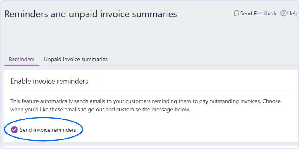 MYOB reminders settings with 'Send invoice reminders' highlighted