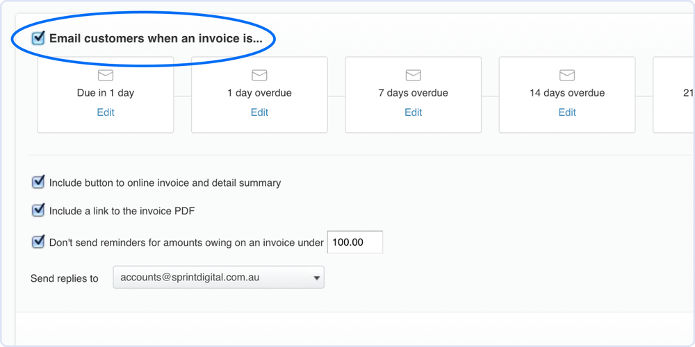 Xero invoice reminder settings with 'Email customers when an invoice is' unticked